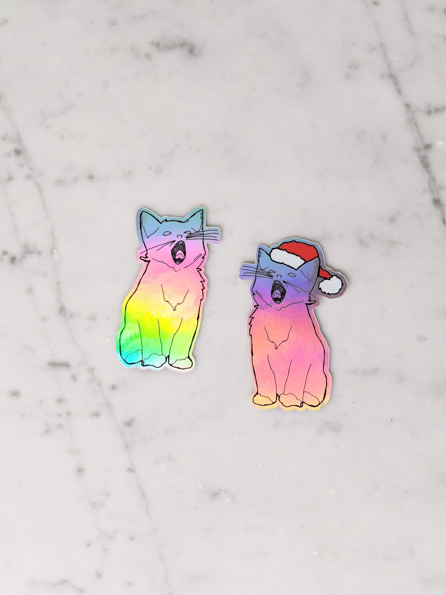 Holographic Yawning Christmas Kitten Sticker