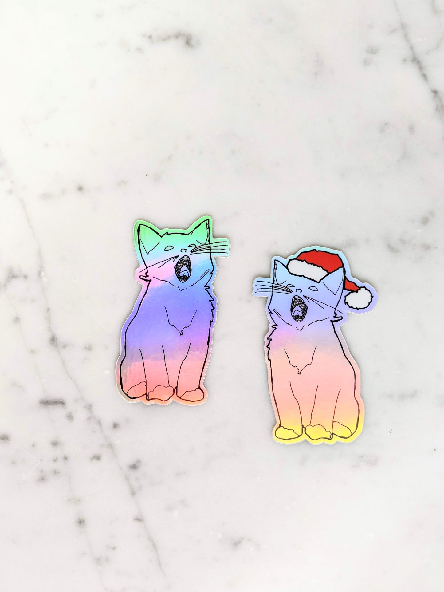 Holographic Yawning Christmas Kitten Sticker