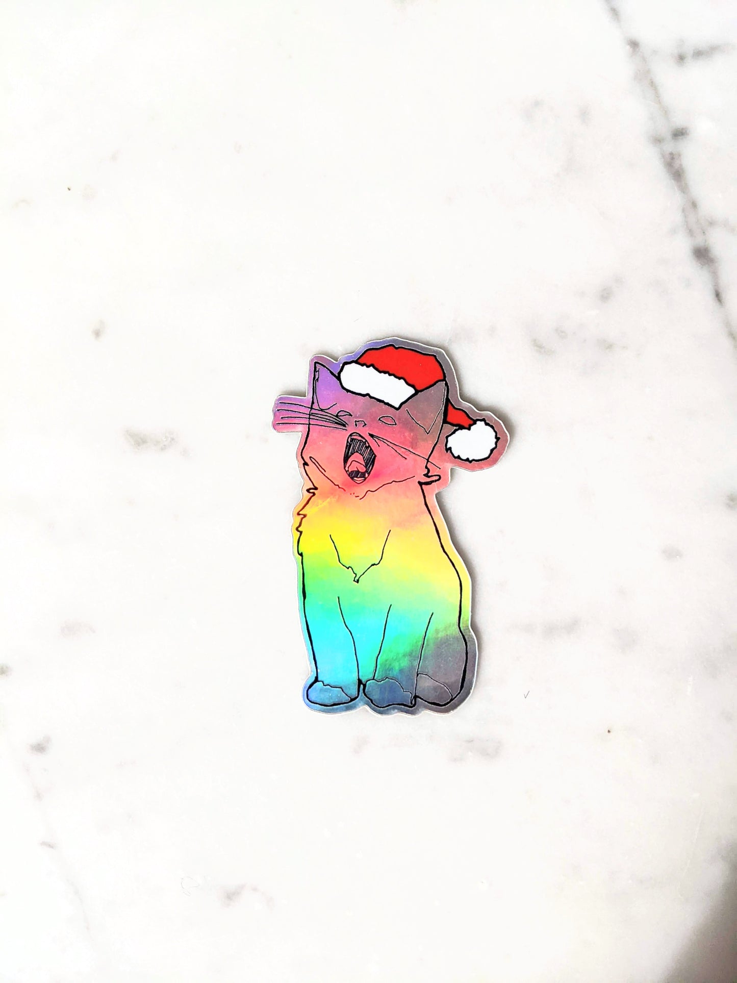 Holographic Yawning Christmas Kitten Sticker
