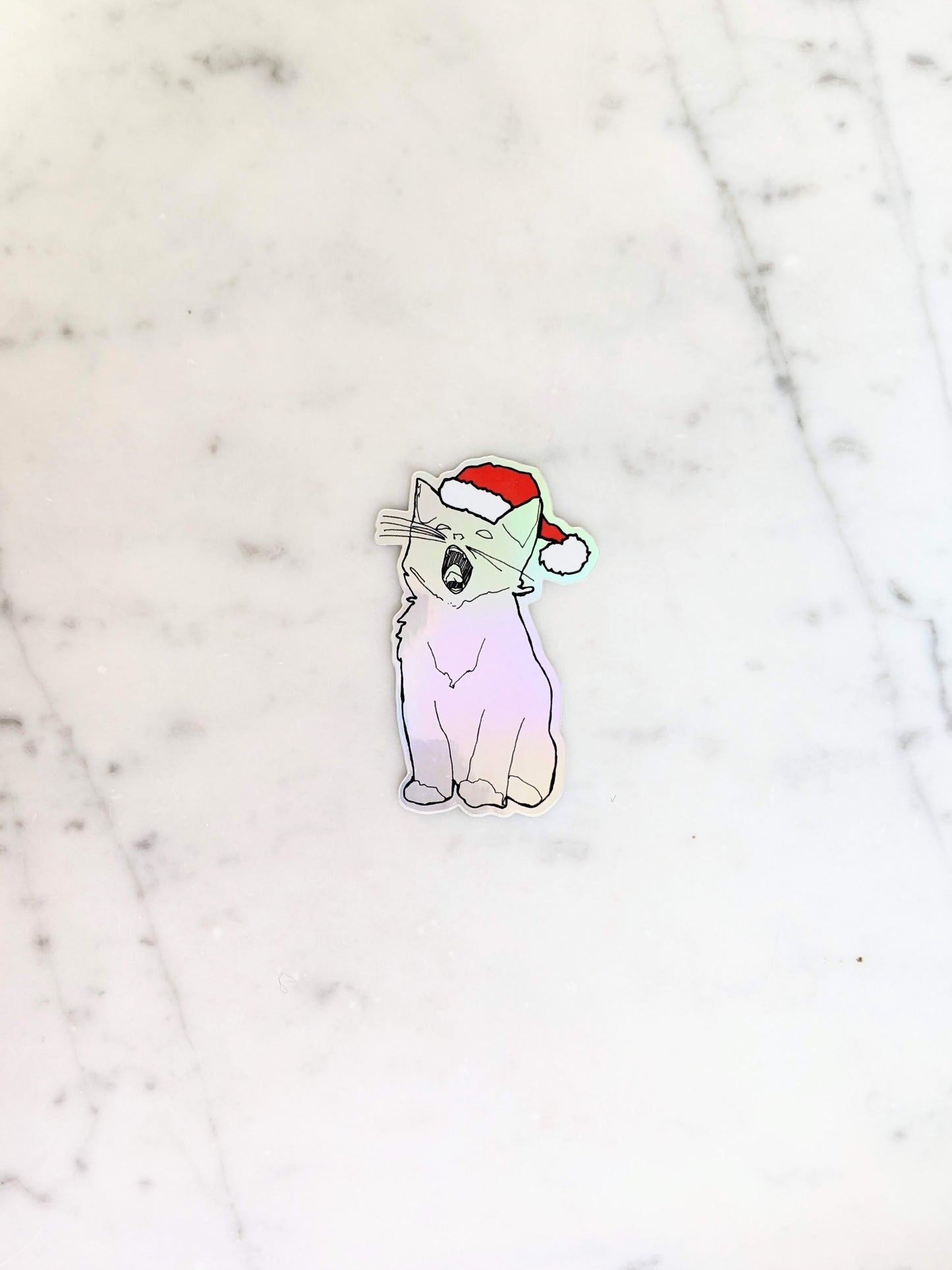 Holographic Yawning Christmas Kitten Sticker