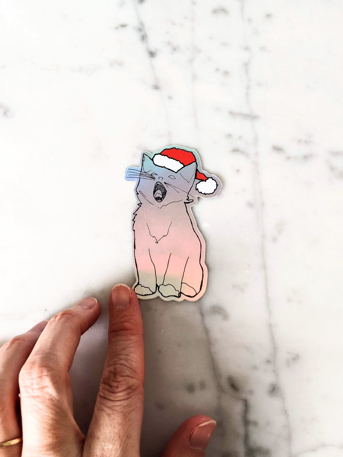 Holographic Yawning Christmas Kitten Sticker