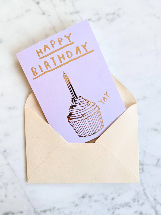 Happy Birthday Cupcake Card (Shiny Gold Foil)