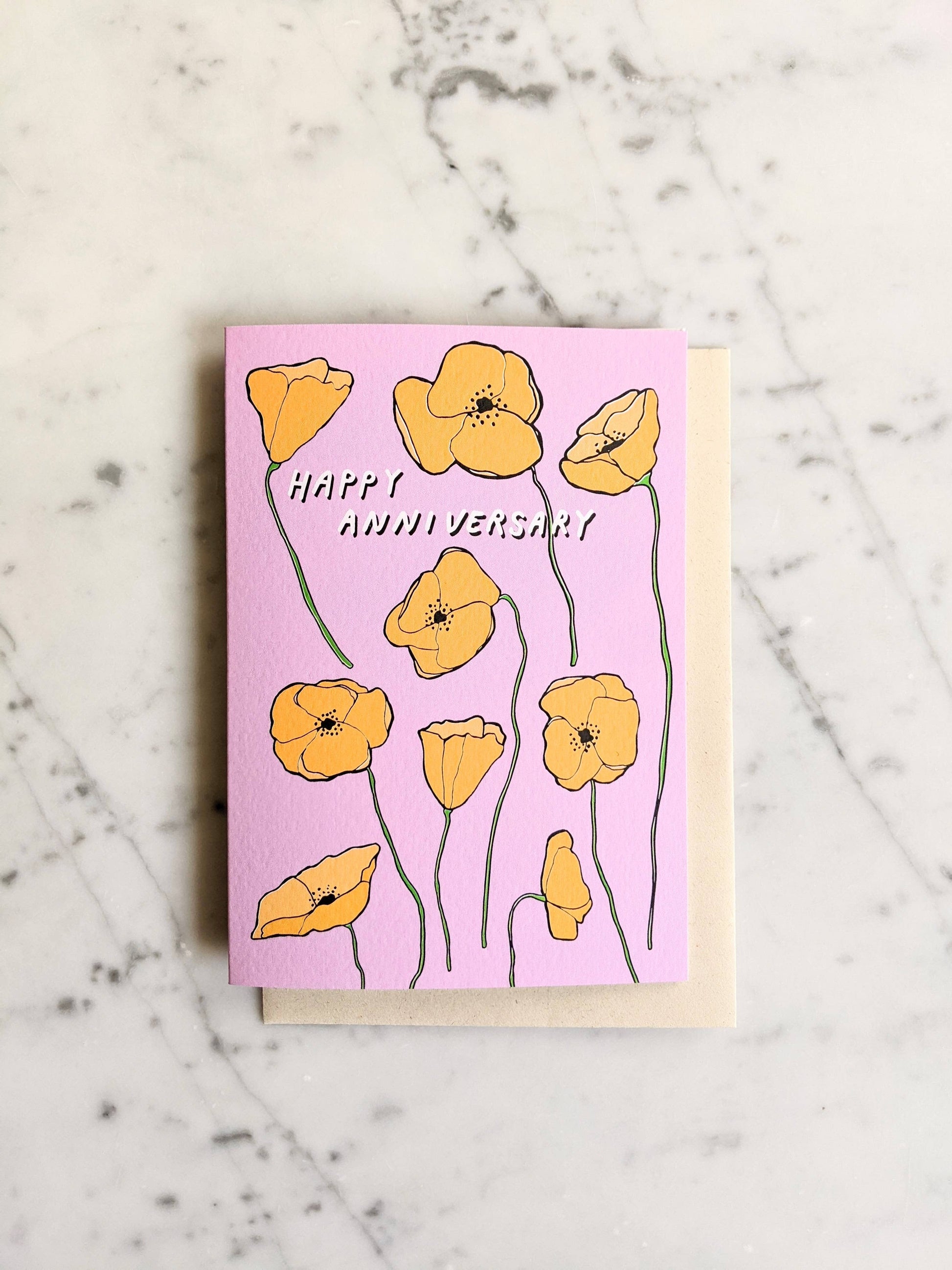 Happy Anniversary Poppies Card - Orange & Pink